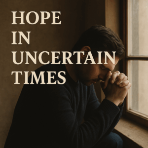 : Man in prayer by window with the words “Hope in Uncertain Times” — symbolizing finding peace and strength through prayer.