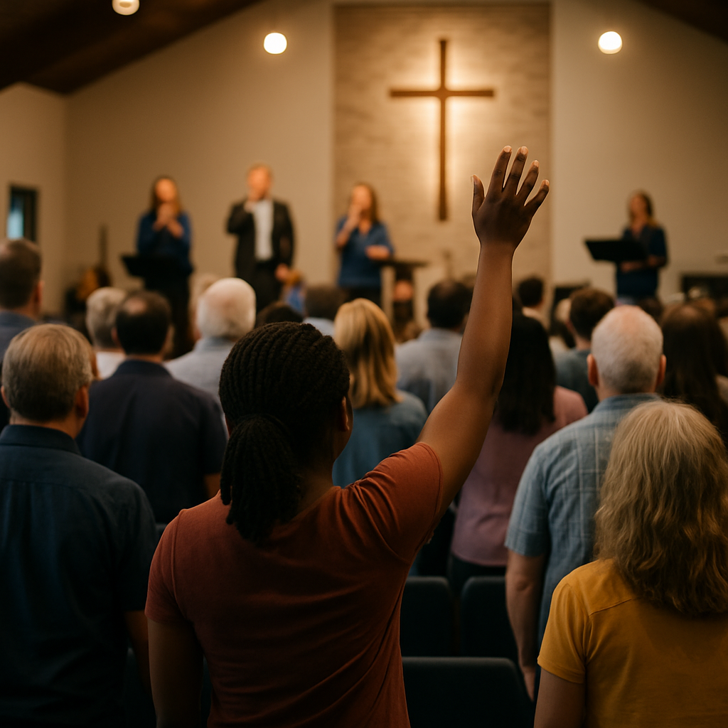 People gathered in a sunlit church sanctuary during worship, symbolizing the importance of attending church physically and connecting in person.