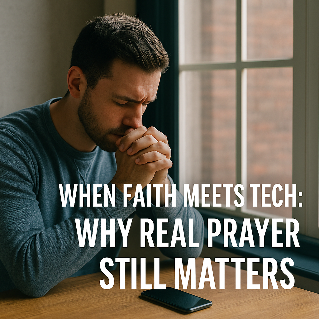 Man praying quietly beside a smartphone, symbolizing why real prayer matters in today’s digital world.