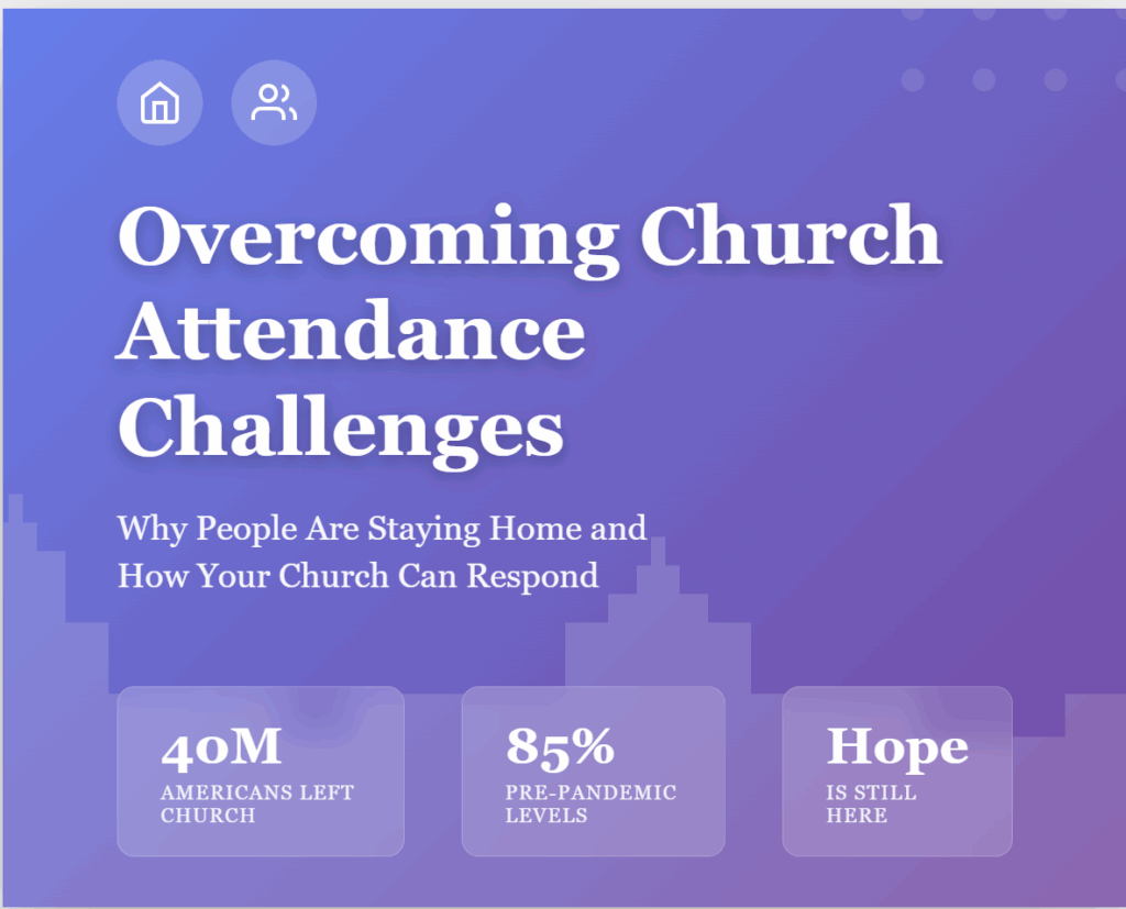 Church attendance challenges blog header showing empty church pews with welcoming light and statistics about declining attendance and hope for renewal