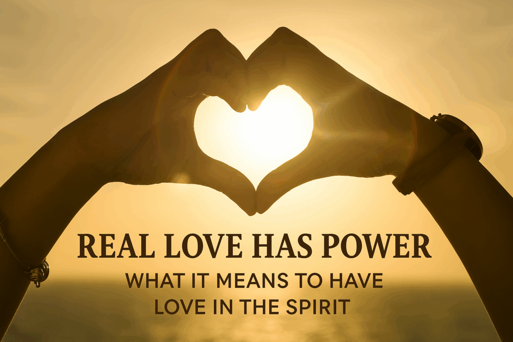 Hands forming a glowing heart with sunlight shining through, symbolizing real love in the Spirit that comes from God’s presence and power.