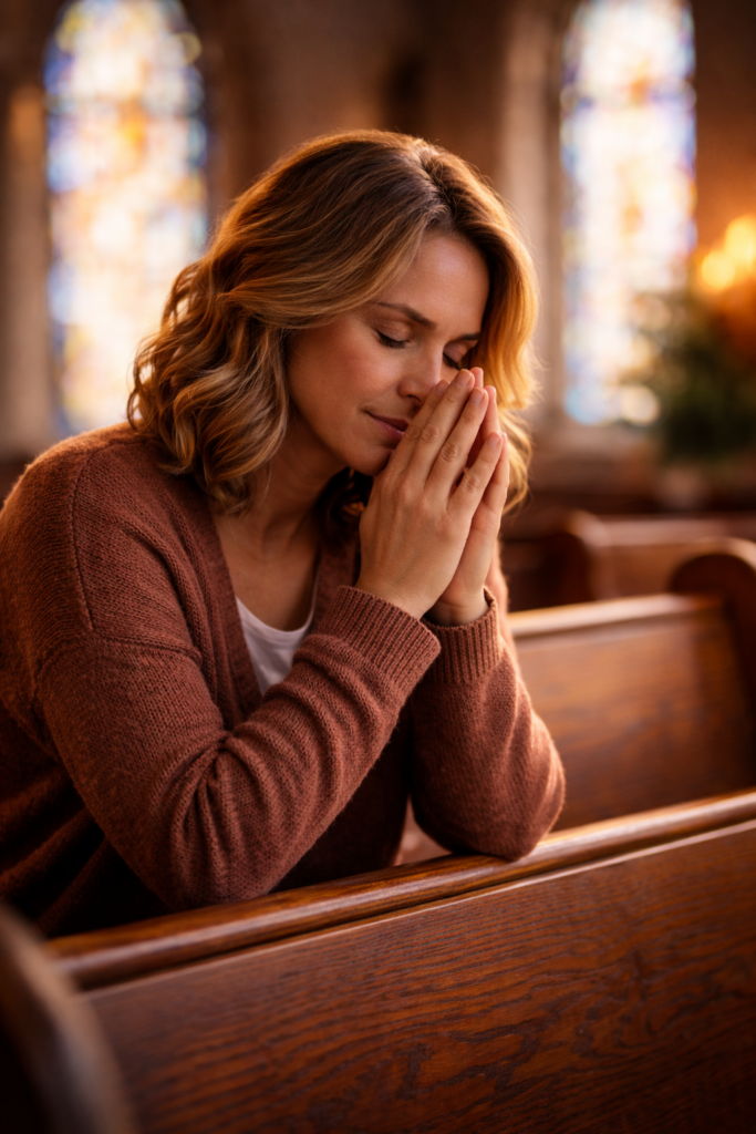 A woman praying quietly in a church sanctuary, reflecting a holy silence Christian practice and a moment of spiritual stillness before God.