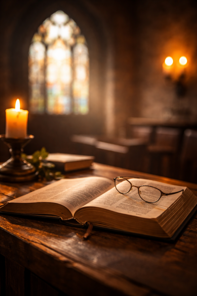 An open Bible resting on a wooden table inside a church, symbolizing why the Bible is still relevant for today’s Christians.