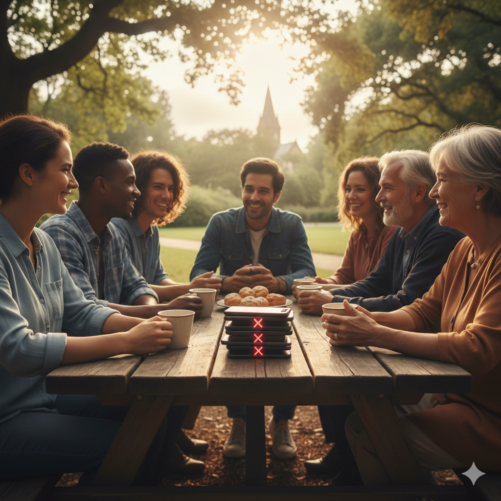 People gathered together in warm fellowship, representing a spirit-filled community overcoming loneliness through faith, connection, and shared spiritual support.