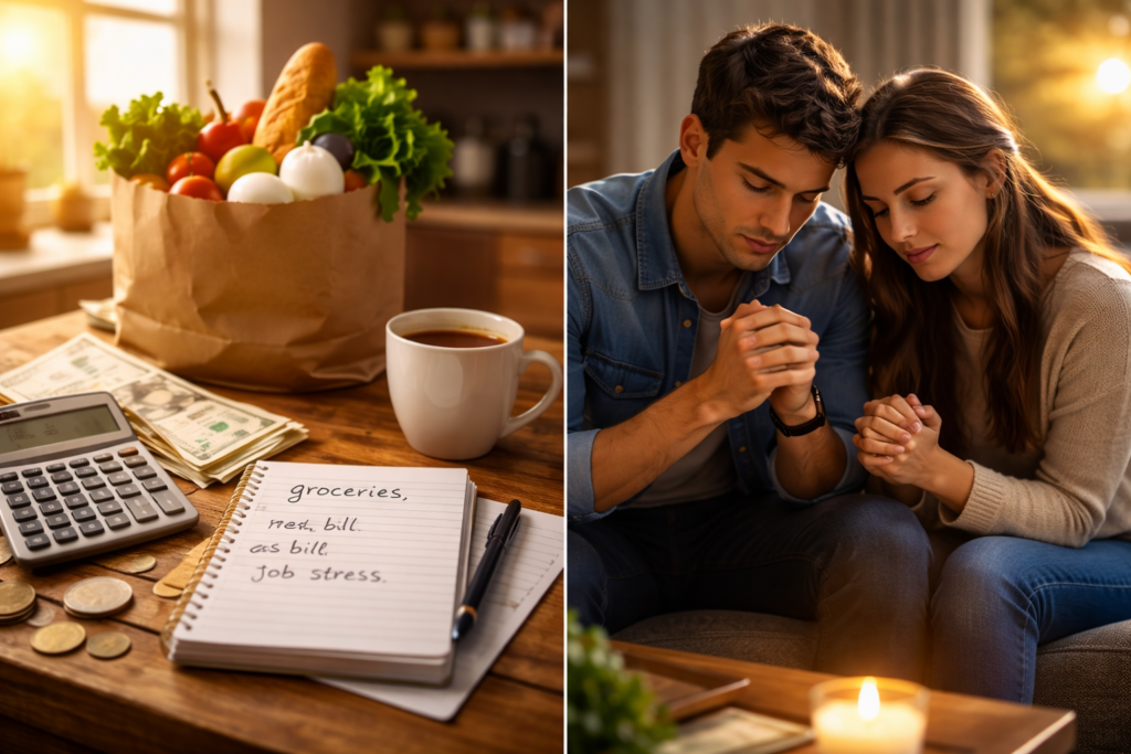 Split image showing everyday needs groceries, bills, cash, and a calculator on a kitchen table—alongside a couple praying together in a warm living room, illustrating God’s care in daily life