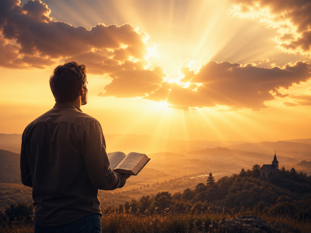 : Person holding an open Bible while looking toward a bright sunrise breaking through clouds over a valley, symbolizing watchfulness and readiness for Christ’s return.