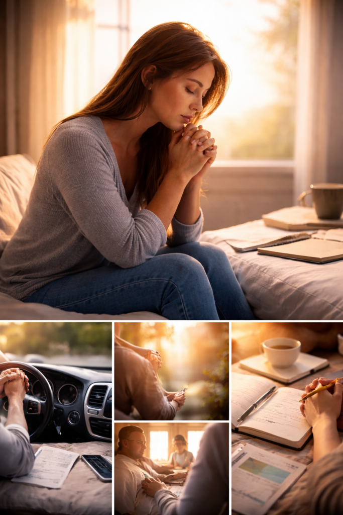 Person praying in soft morning light beside an open Bible and notebook, with smaller scenes showing prayer in a car, during a quiet pause, and while journaling—illustrating how to pray consistently throughout the day
