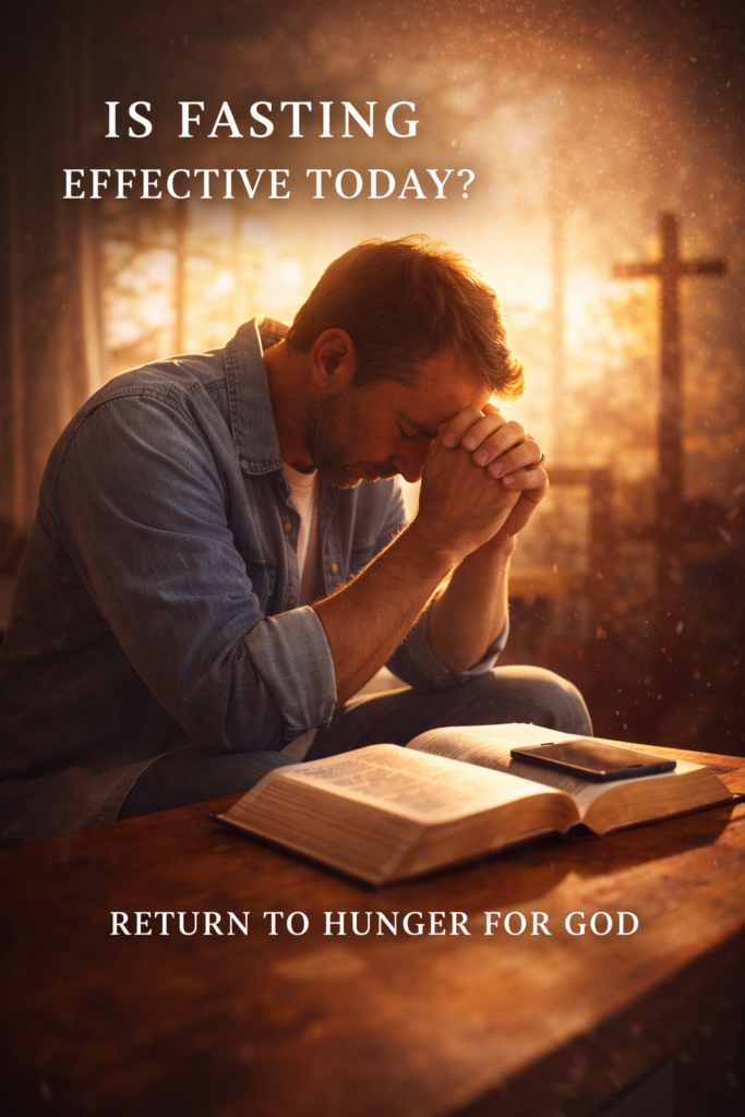 Man praying with hands clasped beside an open Bible in warm sunlight, with a cross softly blurred in the background—illustrating the spiritual focus and surrender of fasting.
