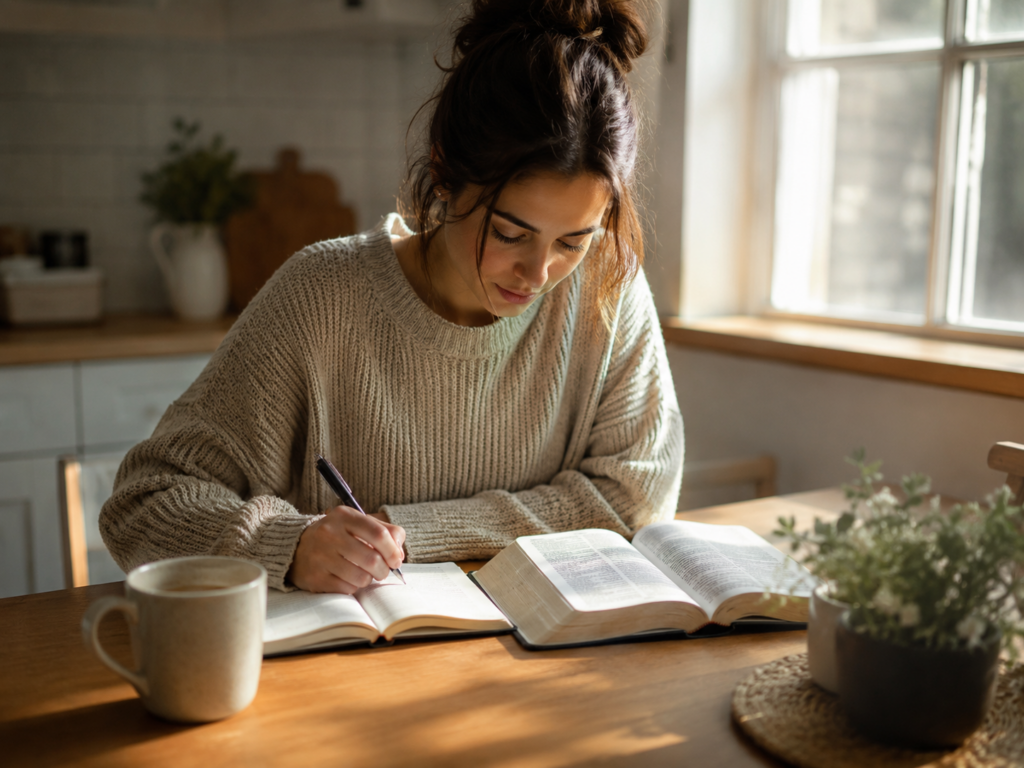 Person studying an open Bible at a kitchen table in morning sunlight, writing notes in a journal with a coffee mug nearby showing focused Scripture study and reflection.