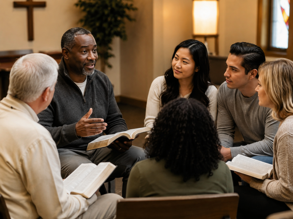 Bible study group seated in a church room listening to a spiritual leader teach from an open Bible, illustrating why spiritual authority still matters in Christian discipleship.