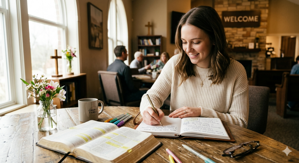 : A close-up view of a young woman smiling and writing in a leather journal with a pen. An open Bible is on the rustic wooden table to her left, along with several colored pens and a mug.