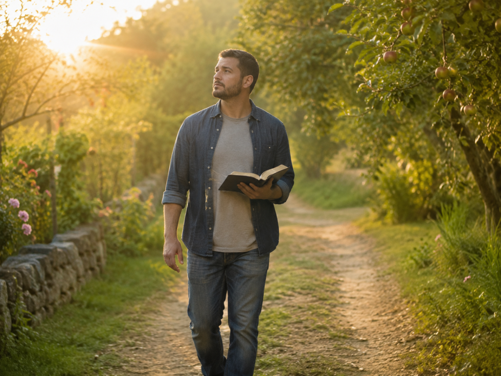 Christian walking down a sunlit path while reading an open Bible, illustrating what it means to walk worthy of the Lord through faithful daily obedience.