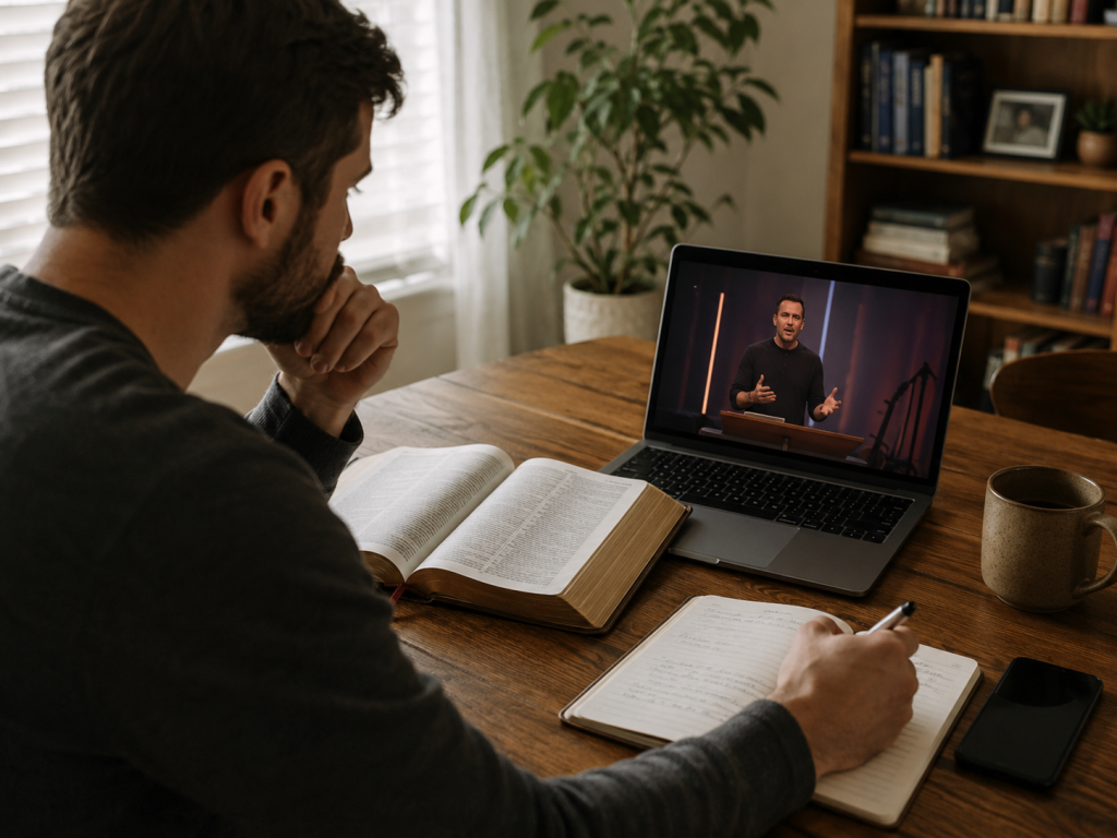 Man studying the Bible while watching an online sermon on a laptop, illustrating that the internet can help spread the gospel but cannot shepherd your soul like biblical church connection and pastoral care.