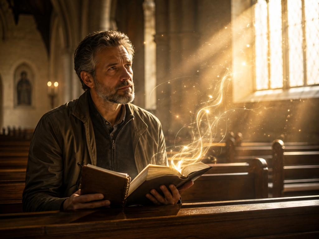 Man sitting in a church pew with an open Bible as light rises from the pages, illustrating 2 Peter 3:1 and the call to stir up your pure minds by remembering God’s Word.