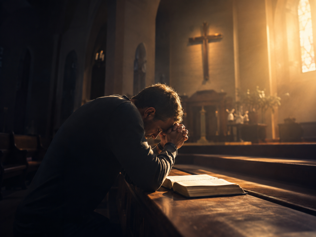 Man kneeling in prayer beside an open Bible in a church, illustrating Revelation 2:4 and the call to return to your first love for God.