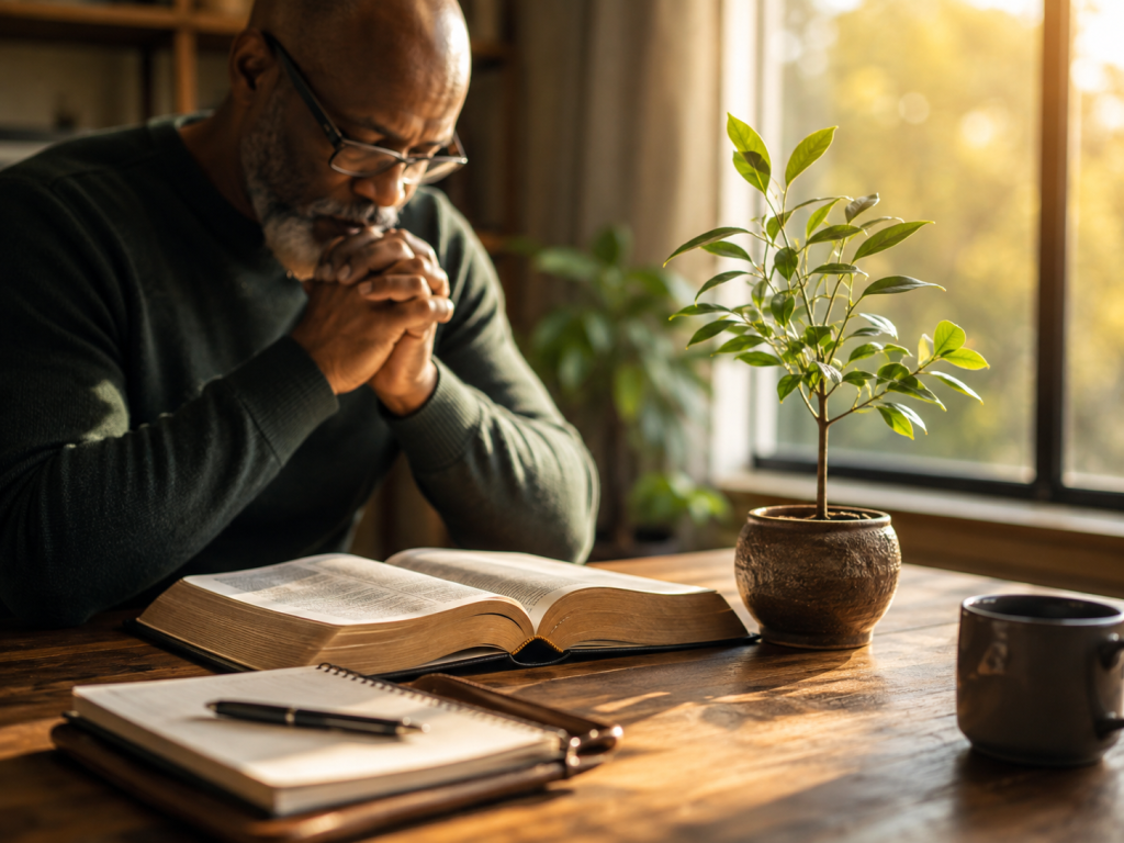 Man praying beside an open Bible with a small growing plant nearby, illustrating growing spiritually through prayer, Scripture, obedience, and steady maturity in God