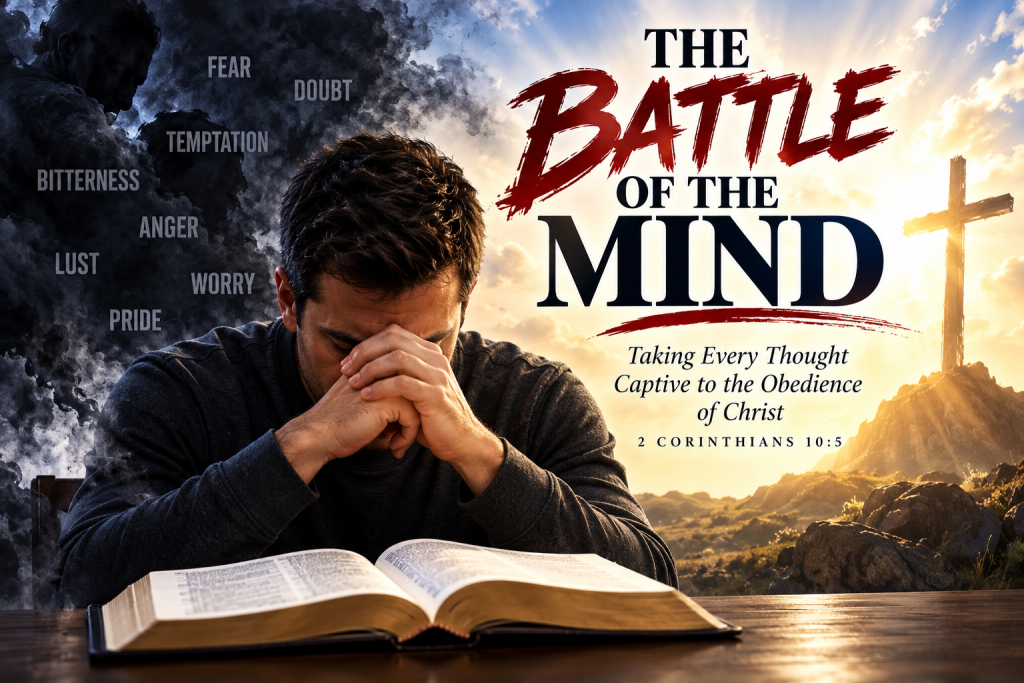 Man praying over an open Bible while dark thoughts like fear, doubt, temptation, bitterness, anger, lust, worry, and pride are contrasted with light and a cross, illustrating the battle of the mind and taking every thought captive to Christ.