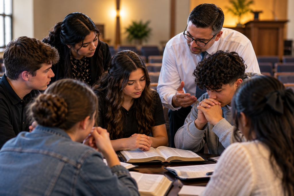 Apostolic youth gathered around open Bibles in a church setting with a pastor guiding them, illustrating Christian youth welfare through doctrine, prayer, holiness, discipleship, and spiritual care.